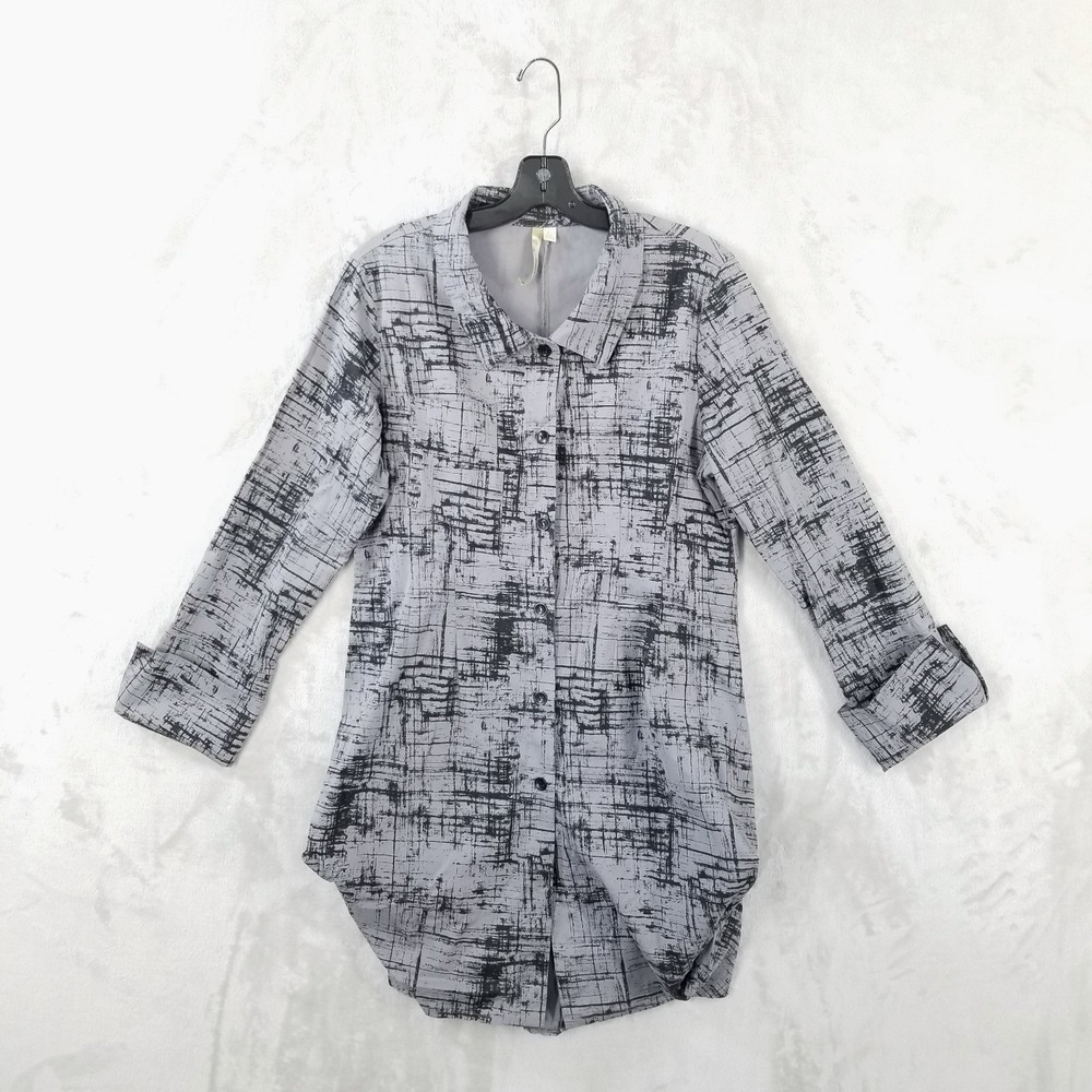 Comfy USA Tokyo Jacket Women L Gray Button Down Bubble Hem Cotton Blend Tunic